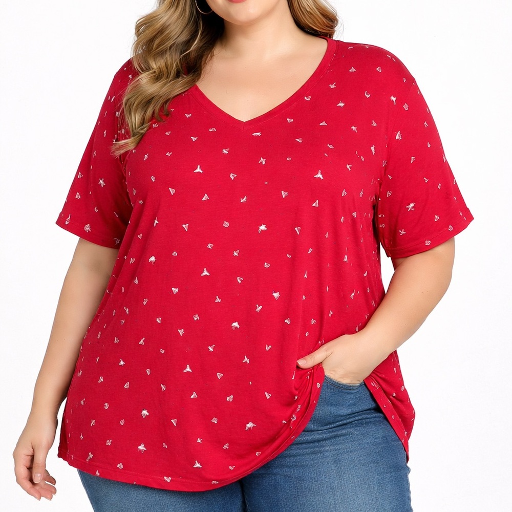 Ulla Popken Red V-Neck Top‎ with White Accents